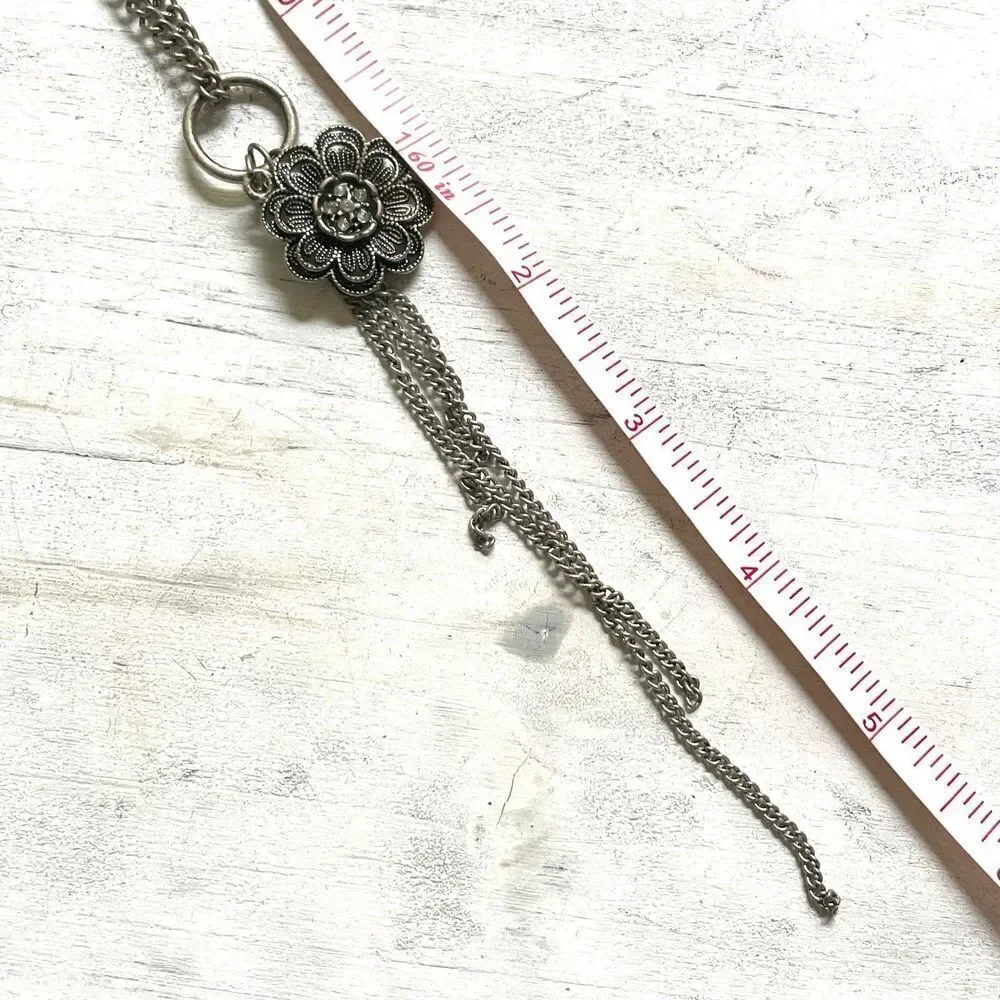 Silver tone flower tassel chain long necklace